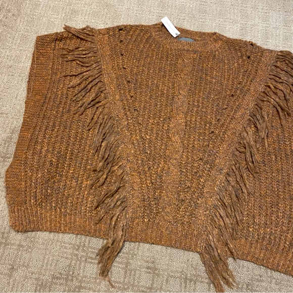NWT {Anthropologie} Marled Chunky Knit Fringe Oversized Poncho Bronze - One Size - Picture 5 of 16